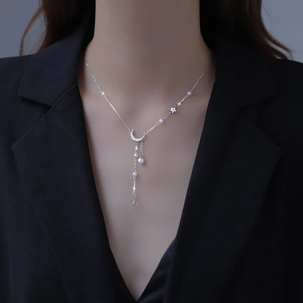 Star Moon Imitation Pearl Tassel Chain Necklace